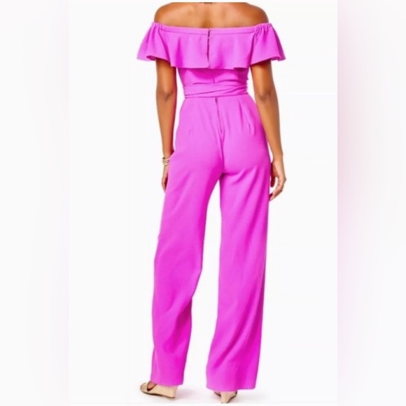 Lilly Pulitzer Jood off the shoulder Jumpsuit fuchsia pink Barbie vacation 12 - Picture 3 of 7